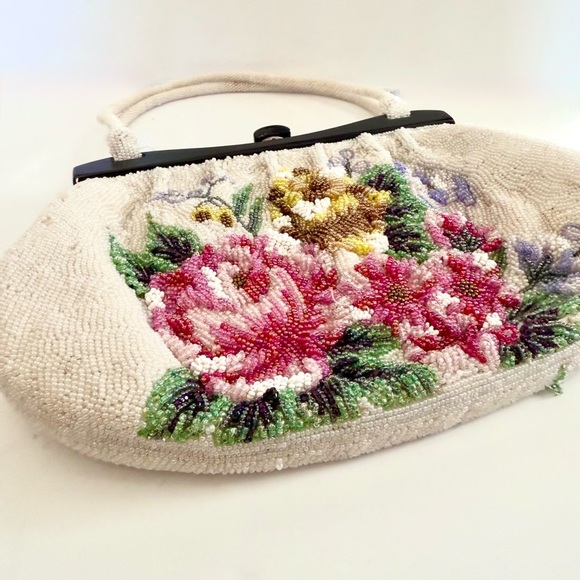 Vintage 50s Beaded Evening Purse Floral Acrylic Top Handle Bag Satin - Picture 6 of 10